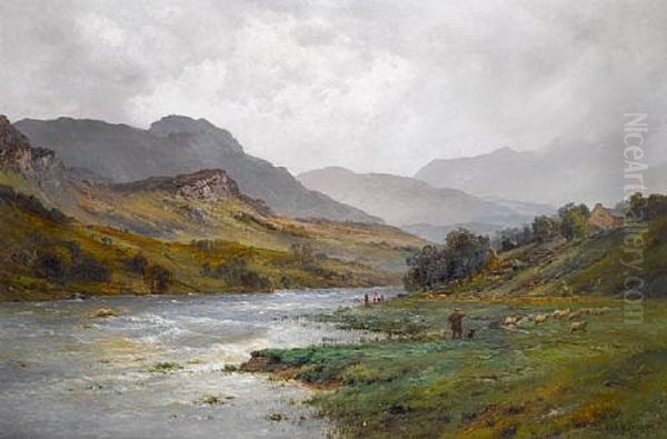 The Llugwy In Flood, Capel Curig Oil Painting by Alfred Fontville de Breanski Jr