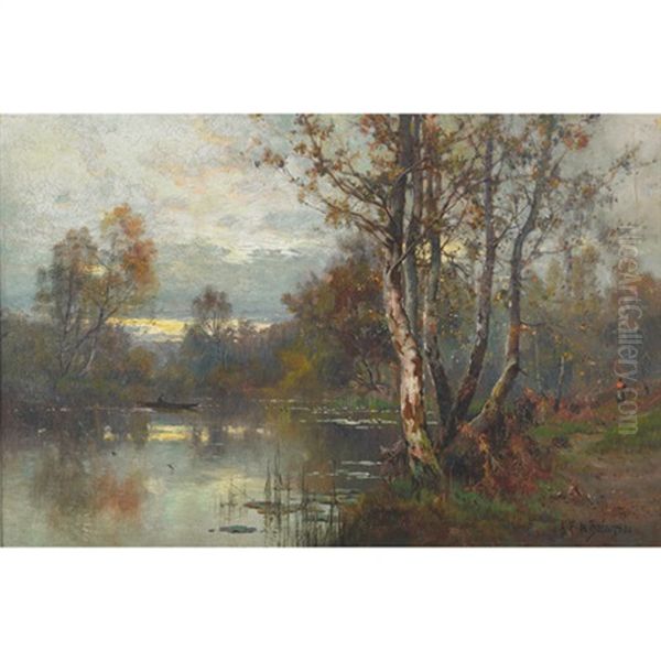 A Quiet River View With Boatman And Figure On Shore Oil Painting by Alfred Fontville de Breanski Jr