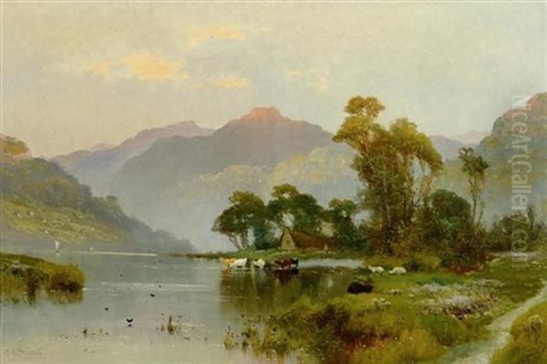 Seelandschaft Mit Segelbooten Und Kuhen Oil Painting by Alfred Fontville de Breanski Jr