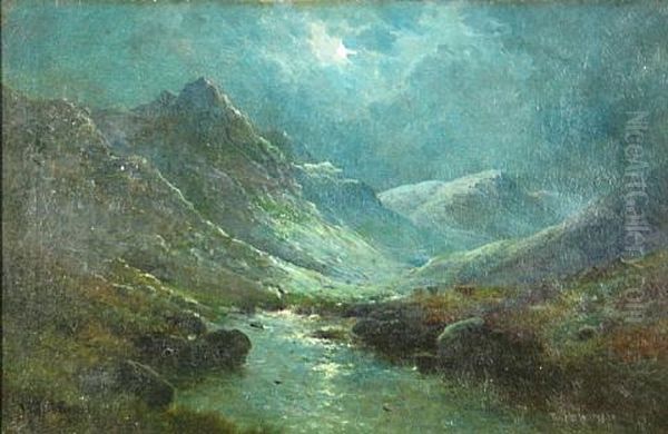 Moonlight On The Ogwen Moors, North Wales Oil Painting by Alfred Fontville de Breanski Jr