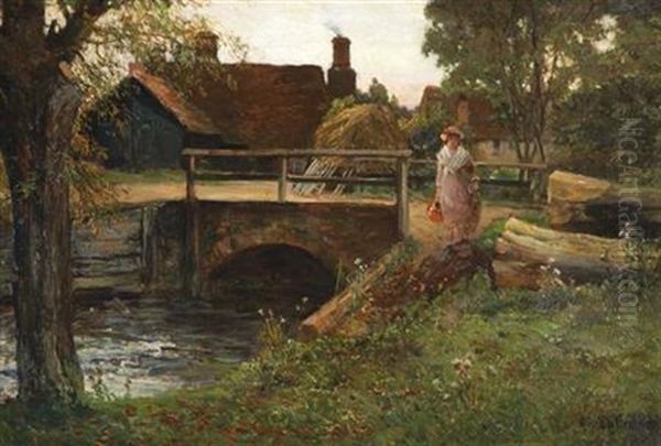 Woman Fetching Water Along A Canal Oil Painting by Alfred Fontville de Breanski Jr