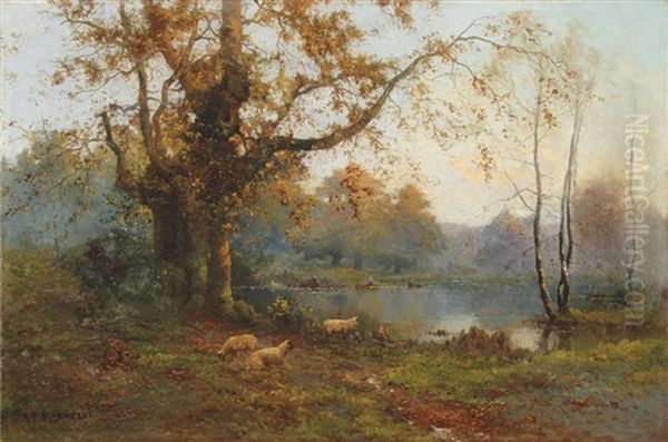 Sheep Grazing By Lake Oil Painting by Alfred Fontville de Breanski Jr