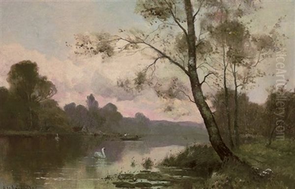 A Thames Backwater Oil Painting by Alfred Fontville de Breanski Jr