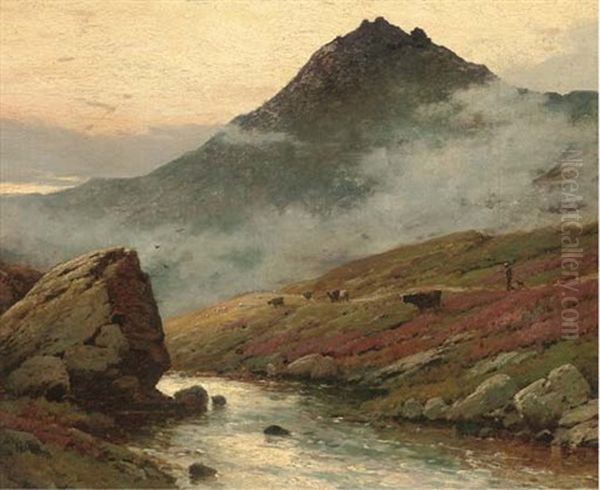 A Drover And His Cattle Beside A Highland Stream With Mountains Beyond Oil Painting by Alfred Fontville de Breanski Jr