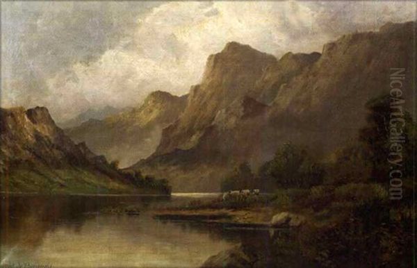 Sheep At The Water's Edge Oil Painting by Alfred Fontville de Breanski Jr