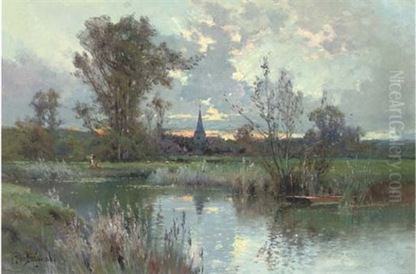 Evening On The River Churn (+ The Village Pond, Burnham; Pair) Oil Painting by Alfred Fontville de Breanski Jr
