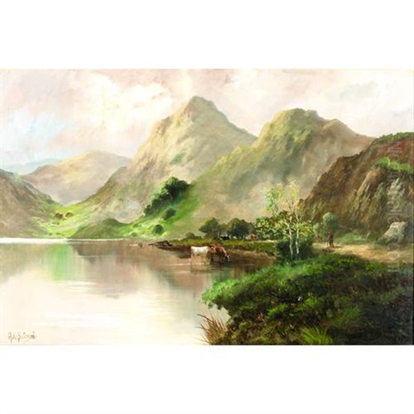 A View Of A Scottish Loch With Cattle Watering Oil Painting by Alfred Fontville de Breanski Jr