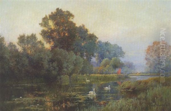 Altwasser Mit Schwanen Im Abendlicht Oil Painting by Alfred Fontville de Breanski Jr