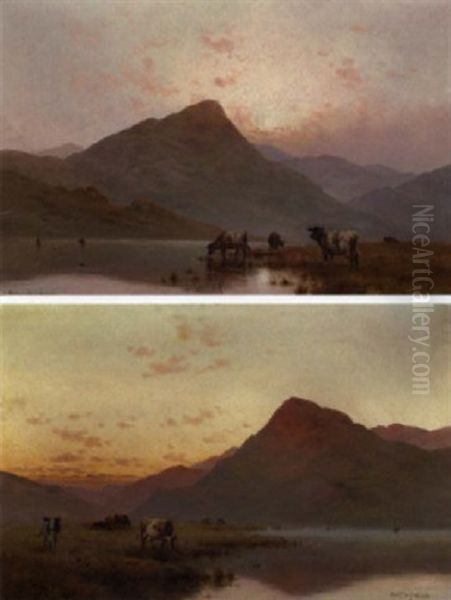 Scene Fra Wales Med Kvaeg Ved Vandingsstedte, Solnedgang Oil Painting by Alfred Fontville de Breanski Jr