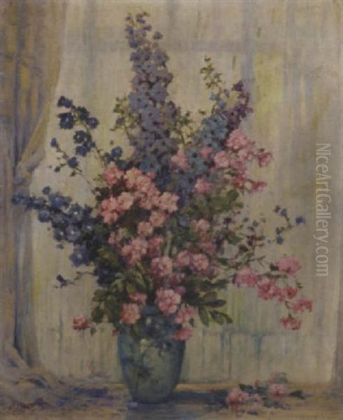 Ramblers And Delphiniums Oil Painting by Alfred Fontville de Breanski Jr