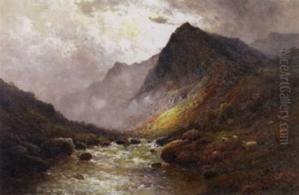 A Mountain Stream Near Aberfeldy With Sheep Grazing Oil Painting by Alfred Fontville de Breanski Jr