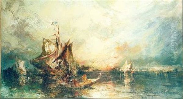 Highland Loch With Deer On Rocks Oil Painting by Alfred Fontville de Breanski Jr