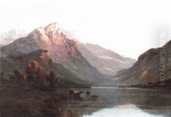 Highland Loch Scene With Cattle Watering Oil Painting by Alfred Fontville de Breanski Jr