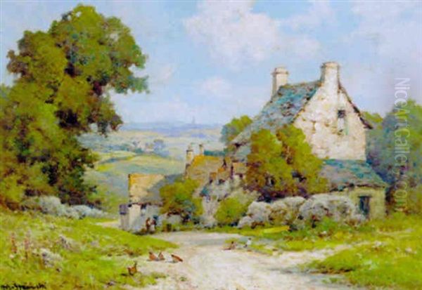 Figures Before A Cottage In An Extensive Landscape Oil Painting by Alfred Fontville de Breanski Jr