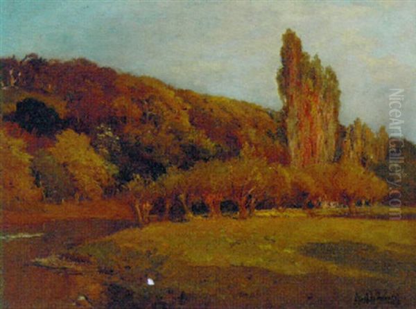 A Sunlit River Landscape Oil Painting by Alfred Fontville de Breanski Jr