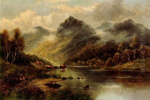 Cattle Watering In A Mountainous Landscape Oil Painting by Alfred Fontville de Breanski Jr