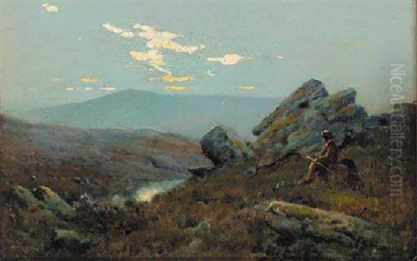 A Boy Resting In A Rocky Highland Landscape Oil Painting by Alfred Fontville de Breanski Jr