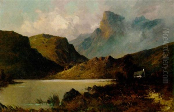 A Cottage On The Edge Of A Lake In A Mountainous Landscape Oil Painting by Alfred Fontville de Breanski Jr