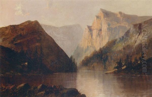 A Mountainous Lake Landscape Oil Painting by Alfred Fontville de Breanski Jr