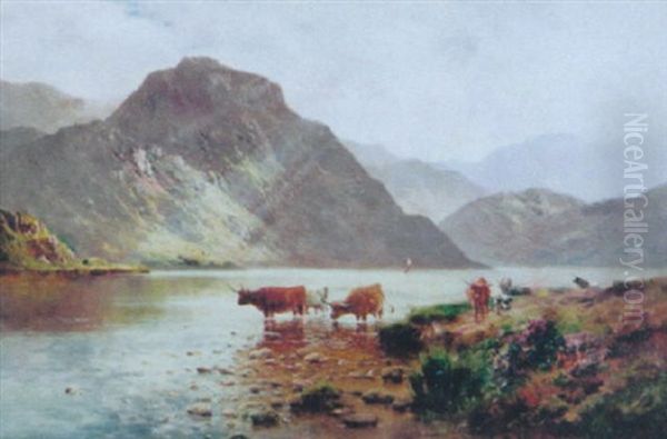 Highland Cattle In A Loch Oil Painting by Alfred Fontville de Breanski Jr