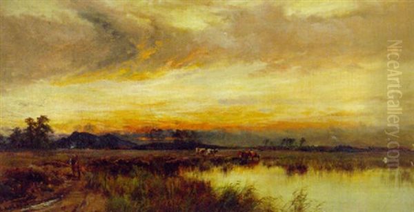 Figures On A Path And Cattle Watering In The Doone Valley Oil Painting by Alfred Fontville de Breanski Jr