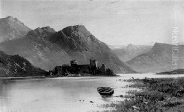 A Rowing Boat On A Loch With Kilchurn Castle Beyond Oil Painting by Alfred Fontville de Breanski Jr