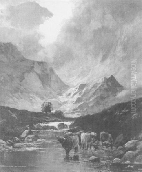 Highland Scene With Cattle Watering Oil Painting by Alfred Fontville de Breanski Jr