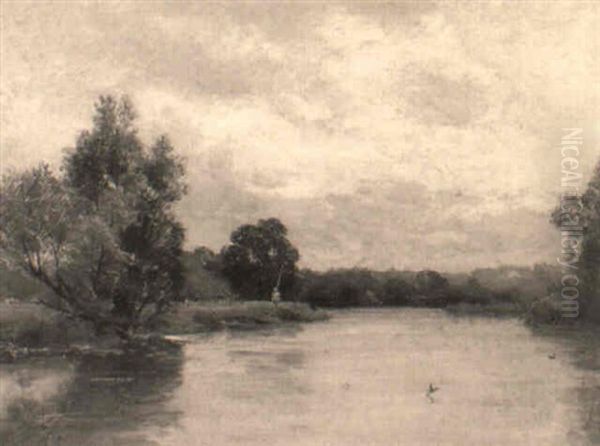 An Angler In A Wooded River Landscape Oil Painting by Alfred Fontville de Breanski Jr