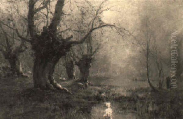 Sheep Grazing By A Moonlight Wooded Lake Oil Painting by Alfred Fontville de Breanski Jr