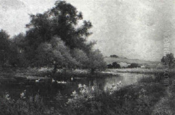 The Banks Of The Avon Near Salisbury/a Genre Scene With A Young Woman Feeding Ducks Oil Painting by Alfred Fontville de Breanski Jr