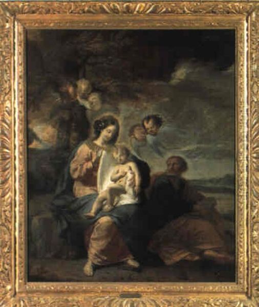 Die Heilige Familie Mit Engeln Oil Painting by Pierre Brebiette