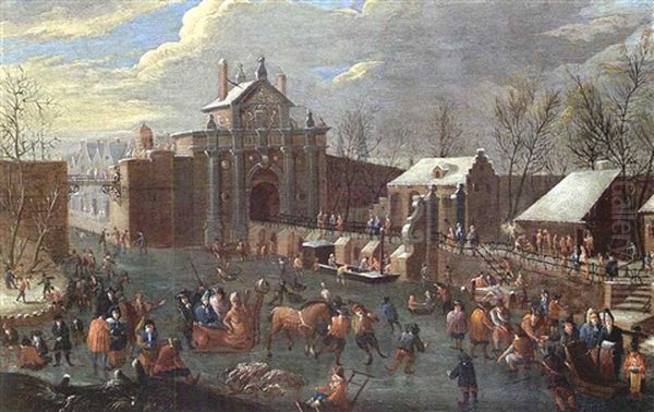 A Winter Scene With Elegant Figures Skating And A Horse-drawn Sleigh On A Frozen Canal Outside A City Gate Oil Painting by Jan Peter van Bredael the Elder