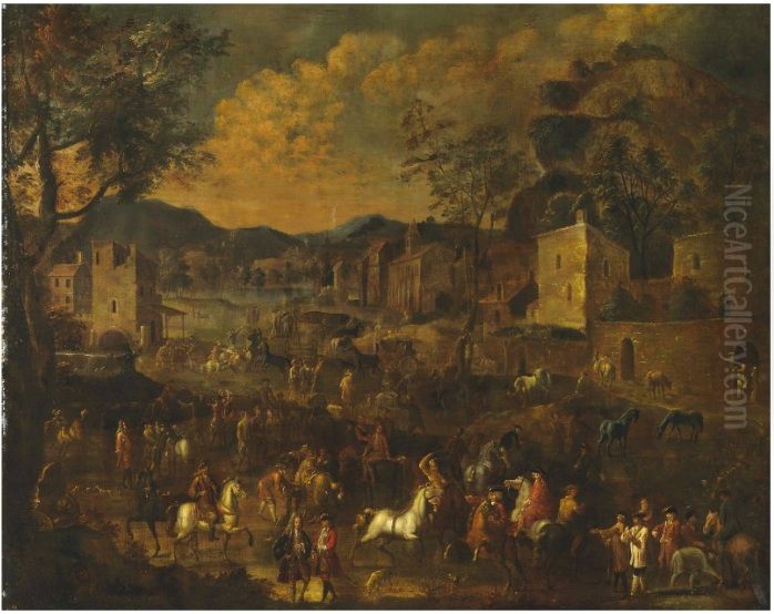 A Horse Fair In A Village, A Lake And Mountains Beyond Oil Painting by Alexander van Bredael