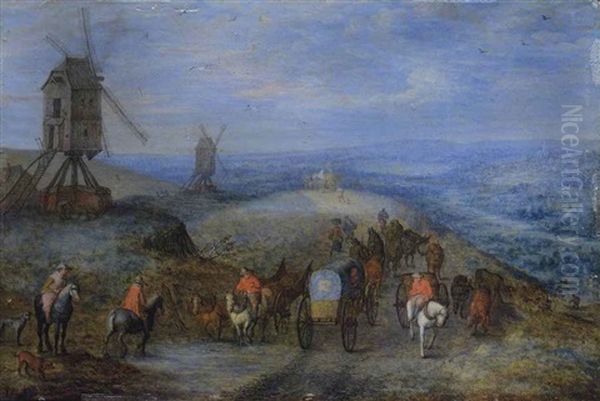Paysage Avec Deux Moulins Et Des Voyageurs Sur Un Chemin Oil Painting by Joseph van Bredael