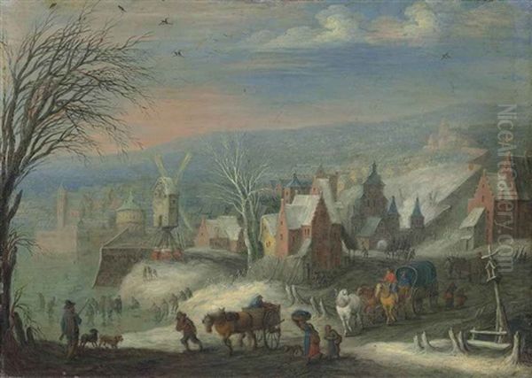 A Winter Landscape With Horse-drawn Carts, A Hunter And His Dogs, And Figures Skating, A Town With A Windmill Beyond Oil Painting by Joseph van Bredael