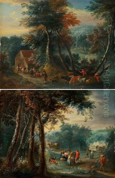 Gegenstucke: Waldlandschaften Vor Dorf Mit Pferdewagen Und Ziegenhirten (pair) Oil Painting by Joseph van Bredael