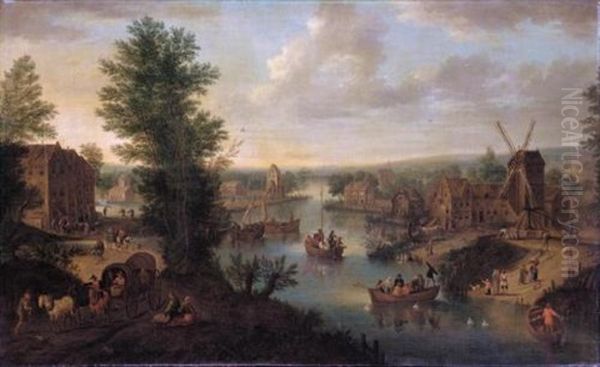 A River Landscape With Village Buildings Including A Windmill On The Right Bank, Numerous Figures And Ferries And Other Boats Oil Painting by Joseph van Bredael
