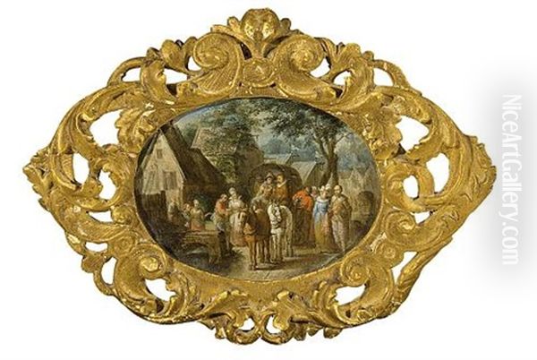 A Village Scene With Travellers In A Horse-drawn Wagon, Together With An Elegant Couple And A Servant Pouring Tea Oil Painting by Joseph van Bredael