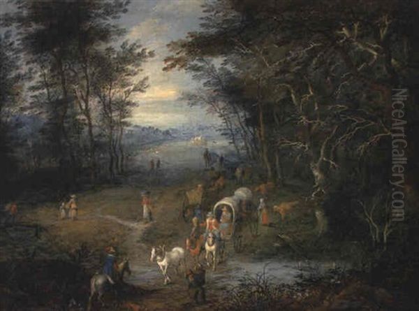 A Wooded Landscape With Peasants In A Wagon Fording A Stream Oil Painting by Joseph van Bredael