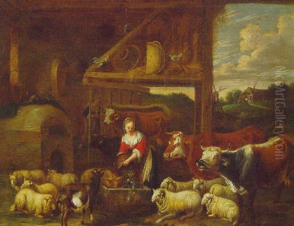A Farm Maid Feeding Livestock In A Farmyard Oil Painting by Peeter van Bredael