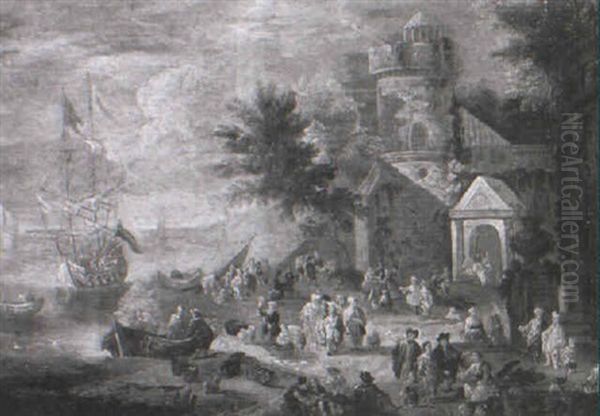 Coastal Inlet With Figures At A Market With Fishermen Selling Their Catch Oil Painting by Peeter van Bredael