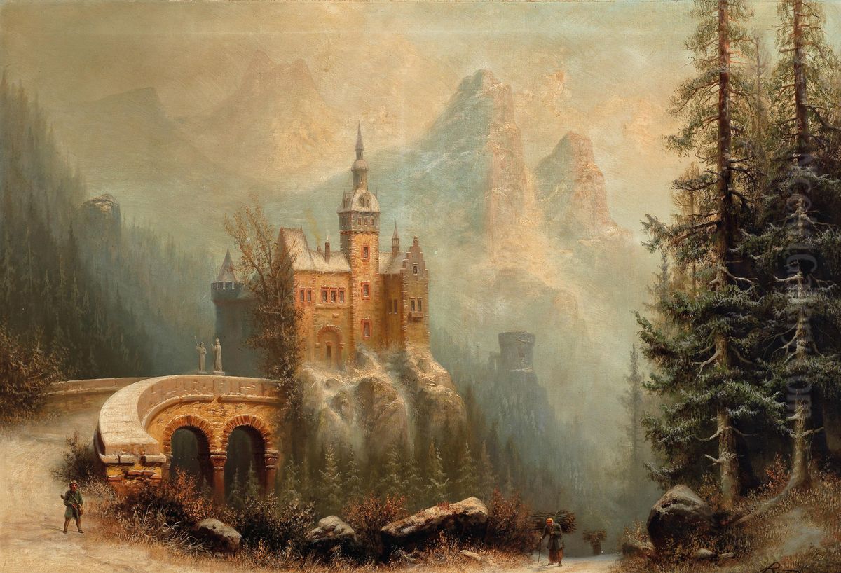 Large Winter Landscape With Castle In The Mountains Oil Painting by Albert Bredow