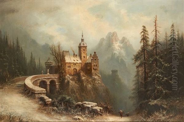 Chateau Sous La Neige Oil Painting by Albert Bredow