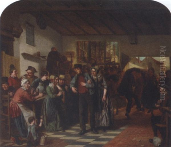 A Merry Meeting In The Tavern Oil Painting by Jos Van Bree