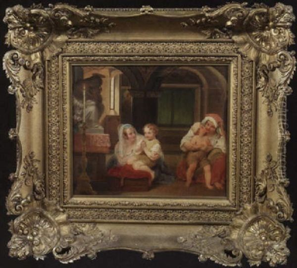 Zwei Junge Mutter Beten Mit Ihren Kleinen Sohnen In Einer Italienischen Kirche Oil Painting by Philippe-Jacques van Bree