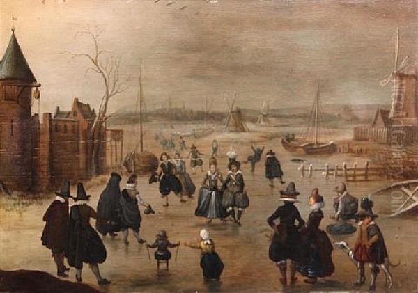 Elegant Skaters On A Frozen River By A Fortified Castle, At Dusk Oil Painting by Adam van Breen