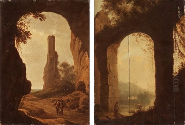 Lanscape With Ruins And Figures (pair) Oil Painting by Bartholomeus Breenbergh