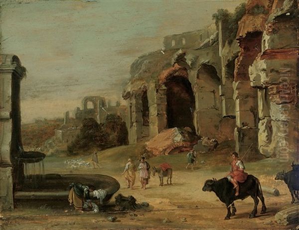 An Italianate Landscape With A Woman Washing Clothes, Herdsmen And Their Cattle Beside Ruins Oil Painting by Bartholomeus Breenbergh