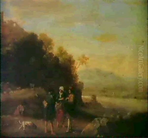 Three Shepherds Conversing On A Hillside Overlooking A River Valley Whilst Another Seated Man Watches A Dog Nearby Oil Painting by Bartholomeus Breenbergh