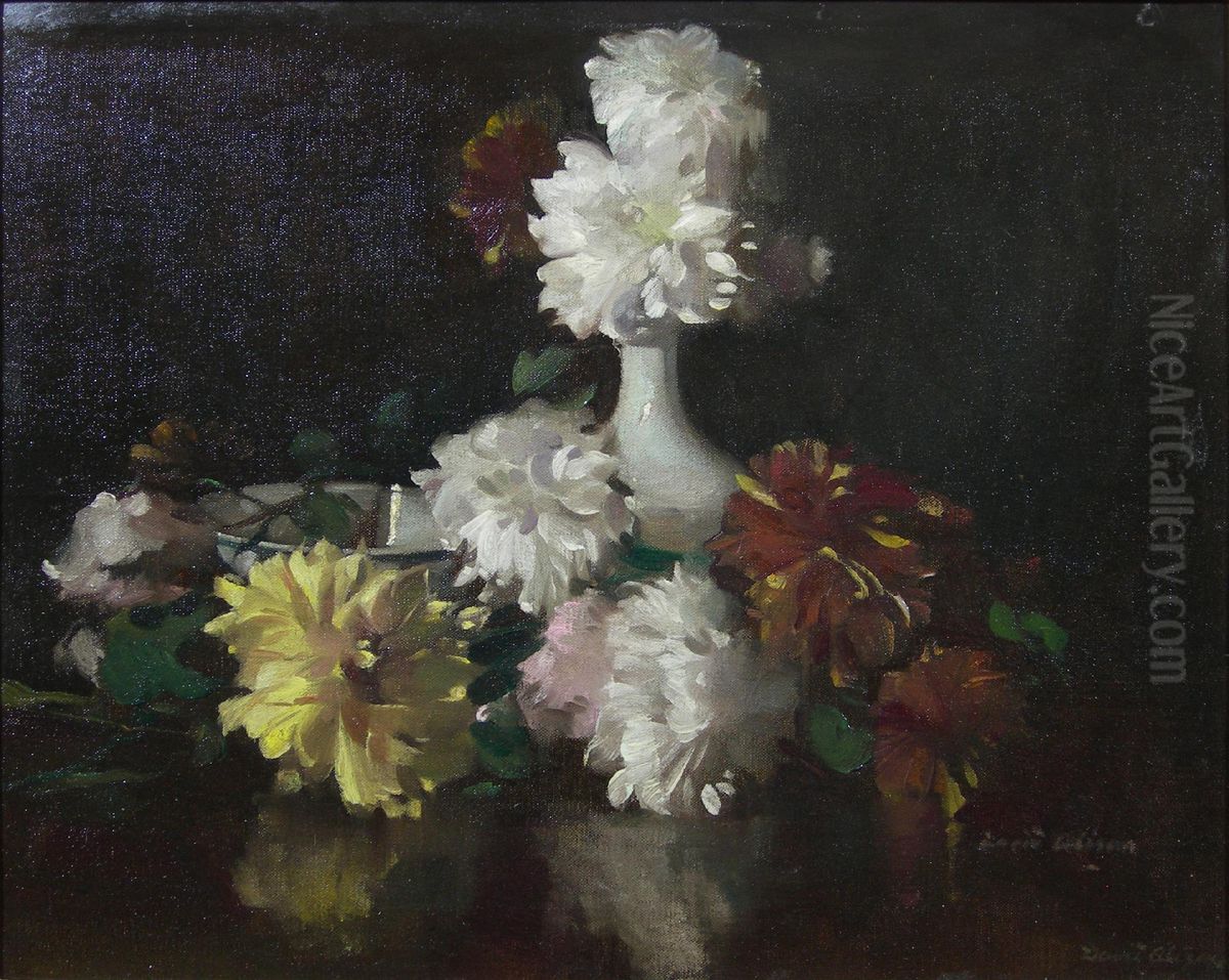 Dahlias And Chrysanthemums Oil Painting by David Alison